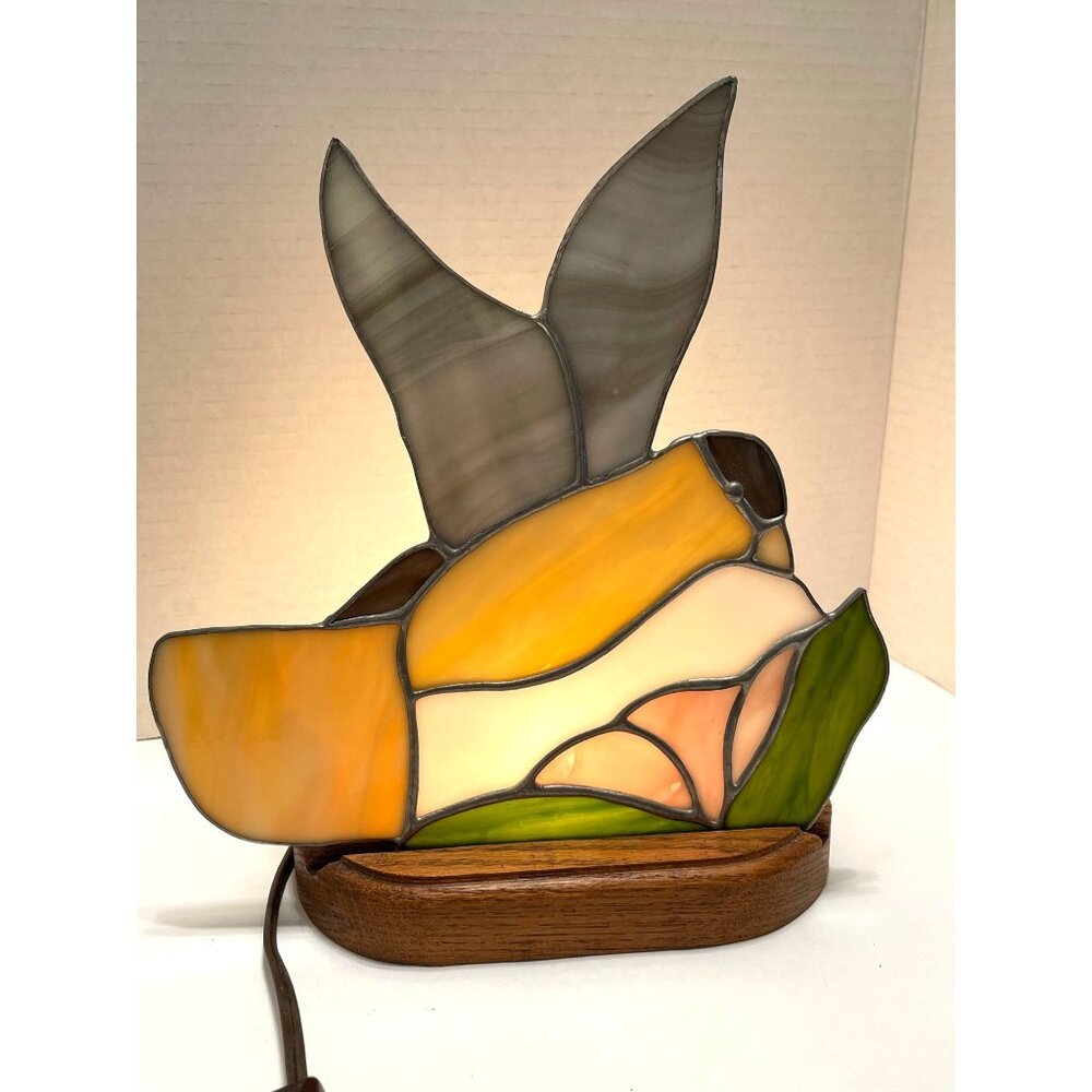 TIFFANY STYLE Stained Glass Hummingbird Flower Table Lamp Night Light Wood Base
